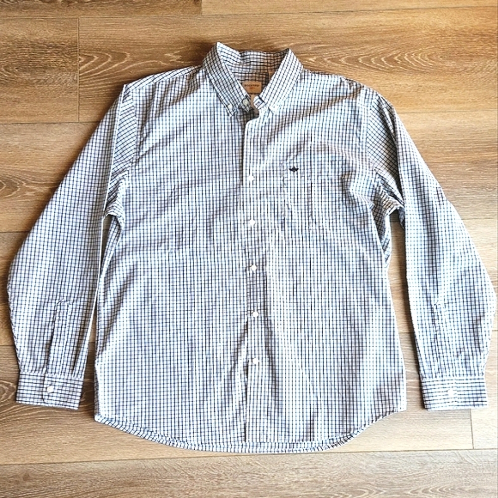 Dockers NWT White, Navy Blue, Tan Plaid Long Sleeve Polo Dress Shirt | Size XL